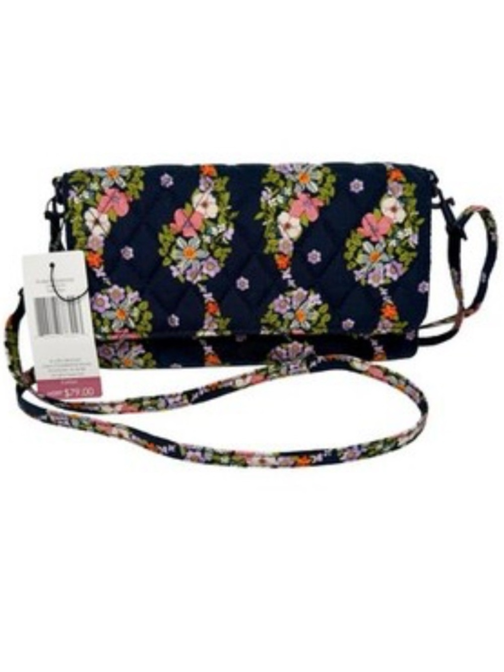 Vera Bradley Crossbody Wallet Paisley Rain Pocketbook Quilted Purse Navy Floral